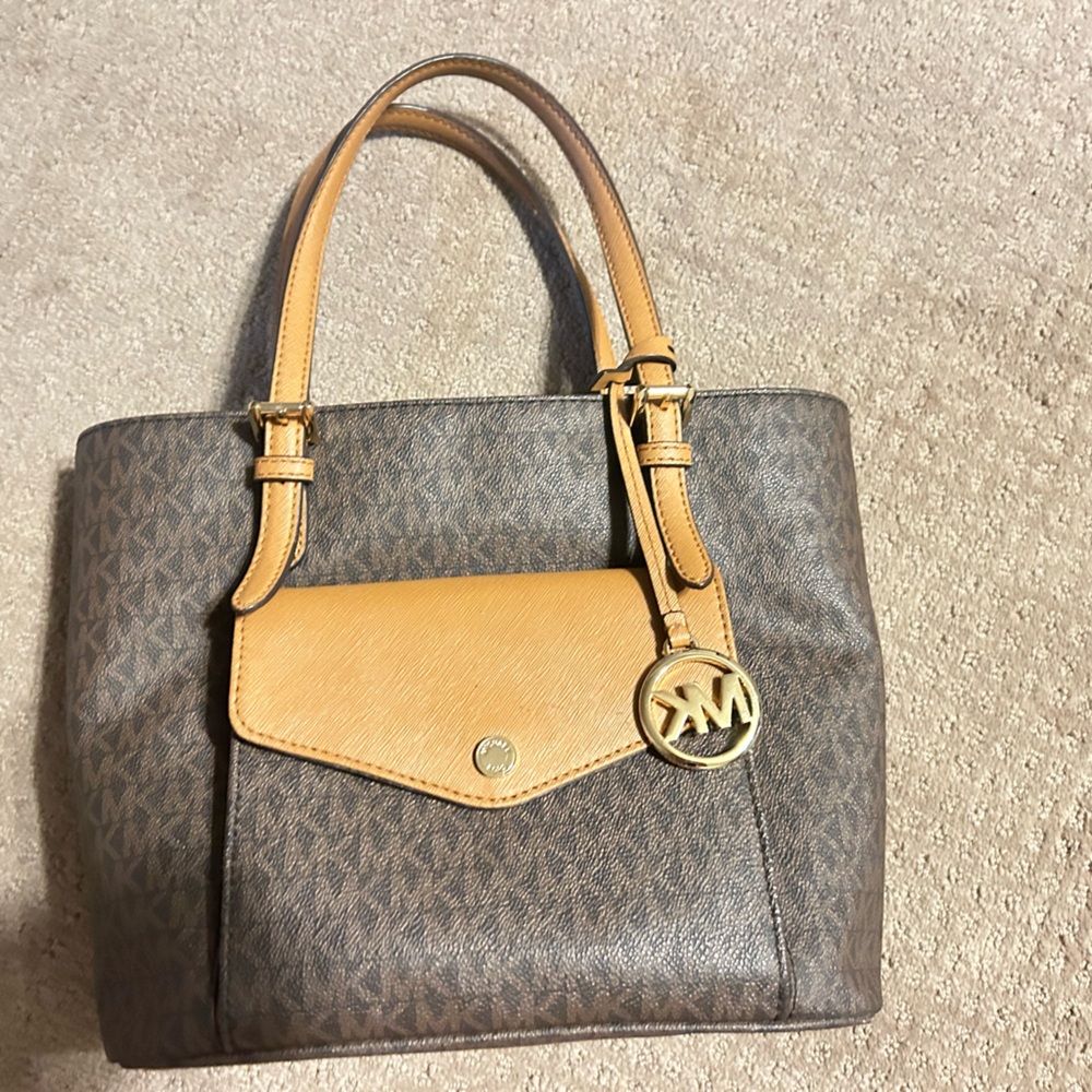 Michael Kors Collection Brown and Tan Satchel with Pebbled Leather